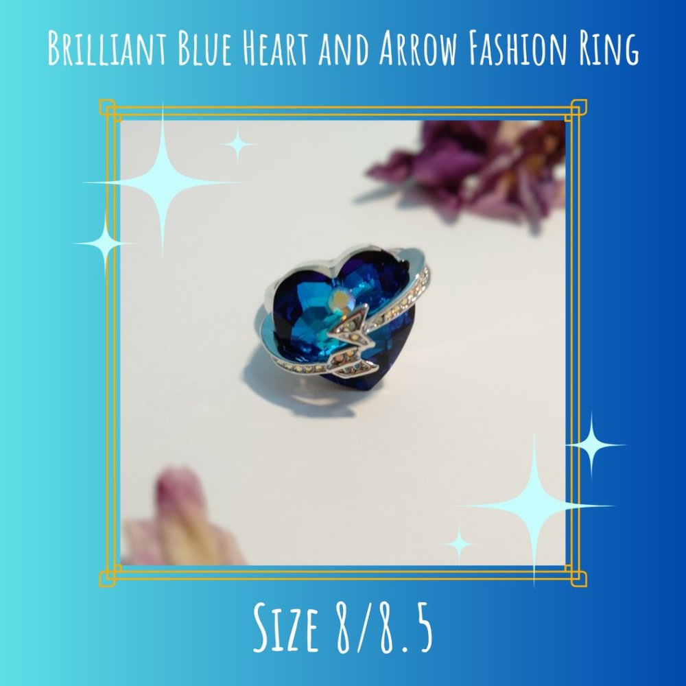 Crystal Blue Heart & Silver Arrow Women's Ring for Anniversary Birthday Holiday